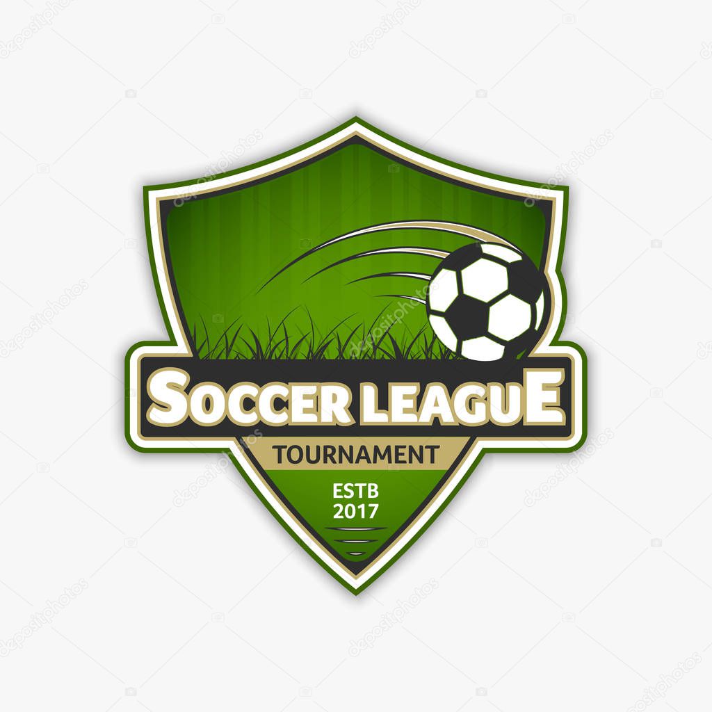 Soccer logo template. Football logotype. Vector emblem sport design with ball and grass.