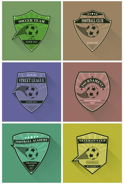 Set of soccer vector logos. Football logotypes in flat style with long shadow. — Stock Vector