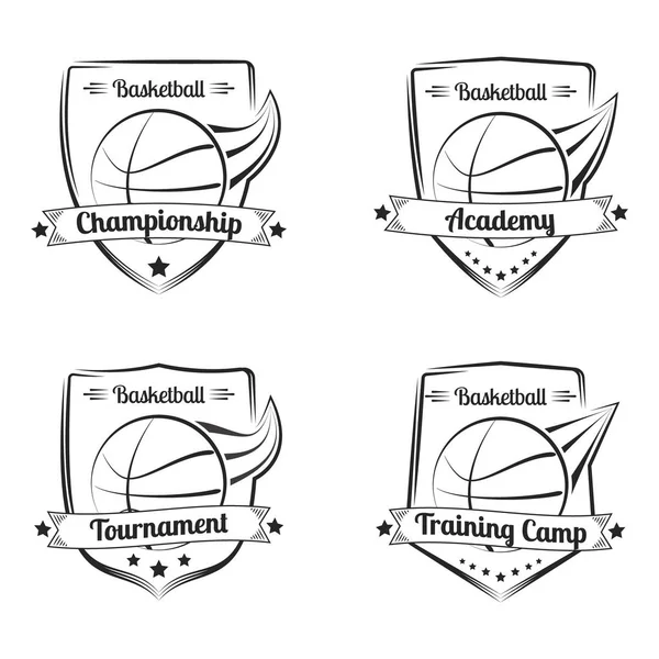 バスケット ボール ベクトル手描きエンブレムのセットです。スポーツのロゴの設計. — ストックベクタ