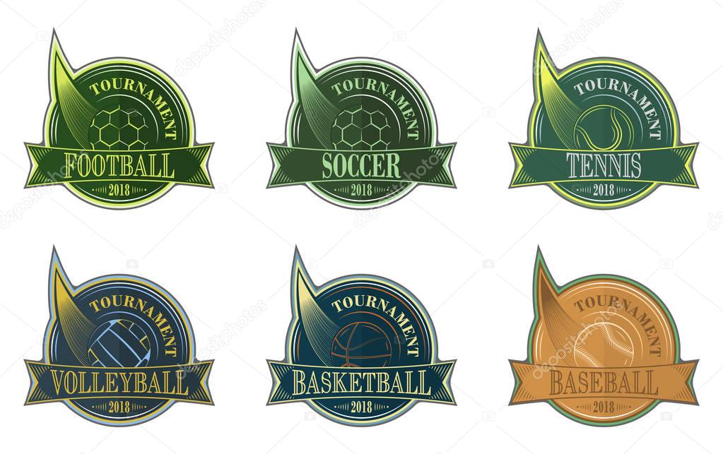 Set of sport emblem with ball. Football, soccer, volleyball, basketball, baseball and tennis vector badges.