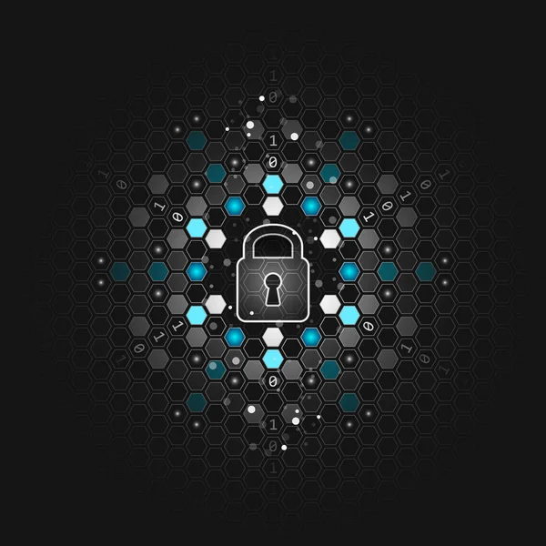 Concepto de seguridad global. Fondo tecnológico oscuro abstracto. Cerradura, hexágono y placa de circuito. Diseño vectorial . — Vector de stock