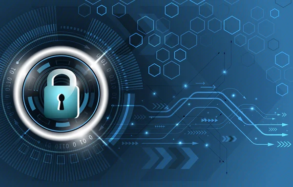 Emniyet konsepti. Genel güvenlik teknolojik vektör arka plan. Asma kilit, glitter, devre kartı ve altıgen şekillerin kapalı.