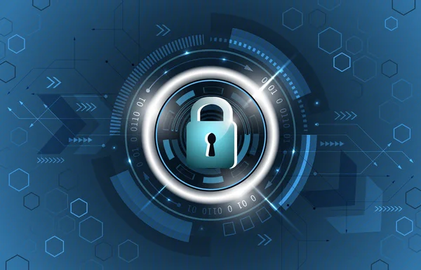 Emniyet konsepti. Genel güvenlik teknolojik vektör arka plan. Asma kilit, glitter, devre kartı ve altıgen şekillerin kapalı.