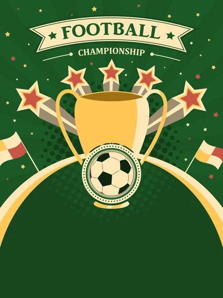 Afiche del campeonato de fútbol. Fondo vector deportivo en estilo retro con trofeo, pelota, estrellas, bandera y patrón de medio tono . — Archivo Imágenes Vectoriales
