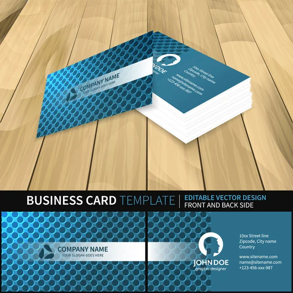 Blue business card template with a circle pattern and shine. Vector illustration with front and back side. — Stock Vector