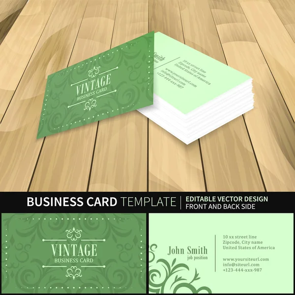 前面と背面側と緑のビジネス カード テンプレート ベクトル ビンテージ デザイン. — ストックベクタ
