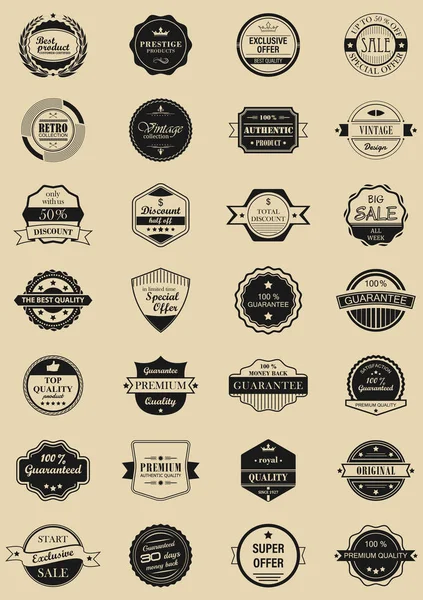 28 vector labels and logotypes. Set of vintage retro stamps, ribbons, frames and marks. — Stock Vector