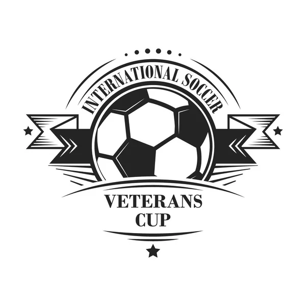 Logotipo ou emblema de Copa de veteranos de futebol internacional em estilo retro com estrelas e fita. Projeto vetorial . — Vetor de Stock