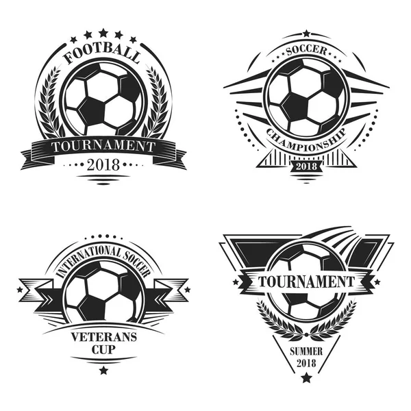 Set of sport vector logotypes or emblems in retro style. Soccer Championship. Football Tournament. Veterans Cup. — Stock Vector