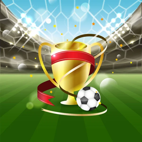 Football stadium with a ball and gold cup with ribbons on the grass. Stars, tribune and spotlights. — Stock Vector