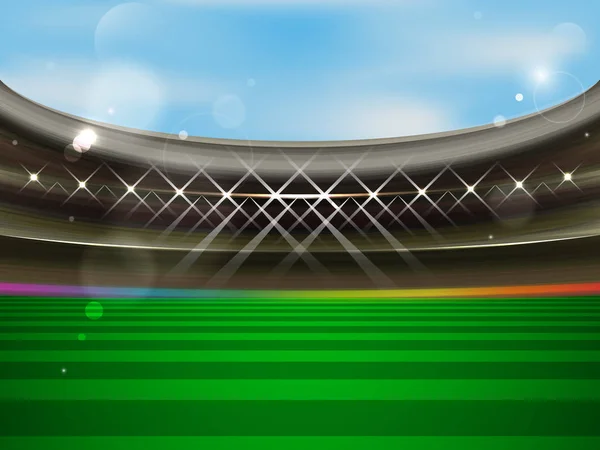 Bannière vectorielle de stade de football. Arène de football avec projecteurs, tribunes et herbe verte . — Image vectorielle