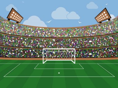 Spor Stadyumu futbol gol net, yeşil çimen, tribün, fanlar ve bulut ile mavi gökyüzü ile.