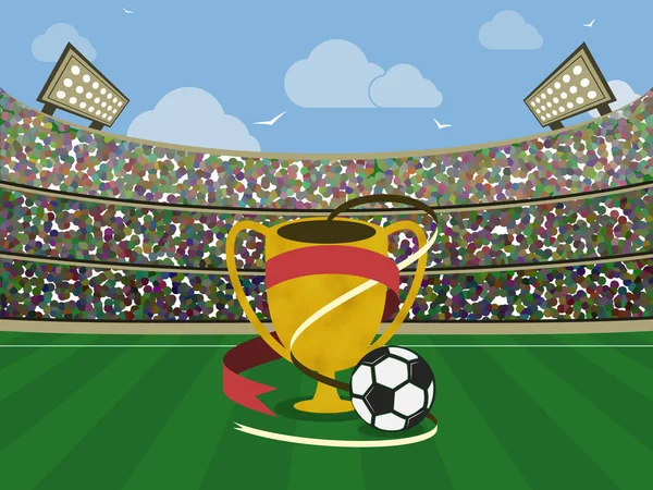 Estadio de fútbol y trofeo de oro con cintas rojas y pelota. Arena de fútbol. Ilustración vectorial . — Archivo Imágenes Vectoriales