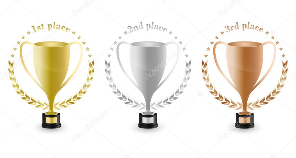 Sport trophies for the first place, second place and third place with laurel wreath and stars. Gold, silver and bronze trophy. Vector design.