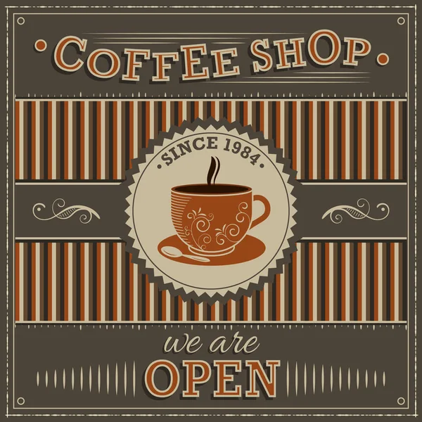 Cafetería vector ilustración vintage. Etiqueta con taza de café naranja e inscripción abierta . — Archivo Imágenes Vectoriales