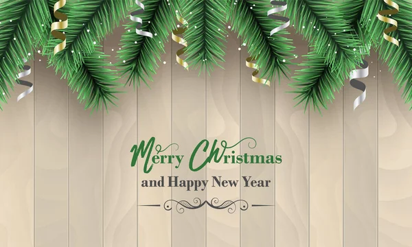 Frohe Weihnachten und ein gutes neues Jahr Banner. Holzvektorhintergrund mit grünen Zweigen, Schnee und Konfetti. — Stockvektor
