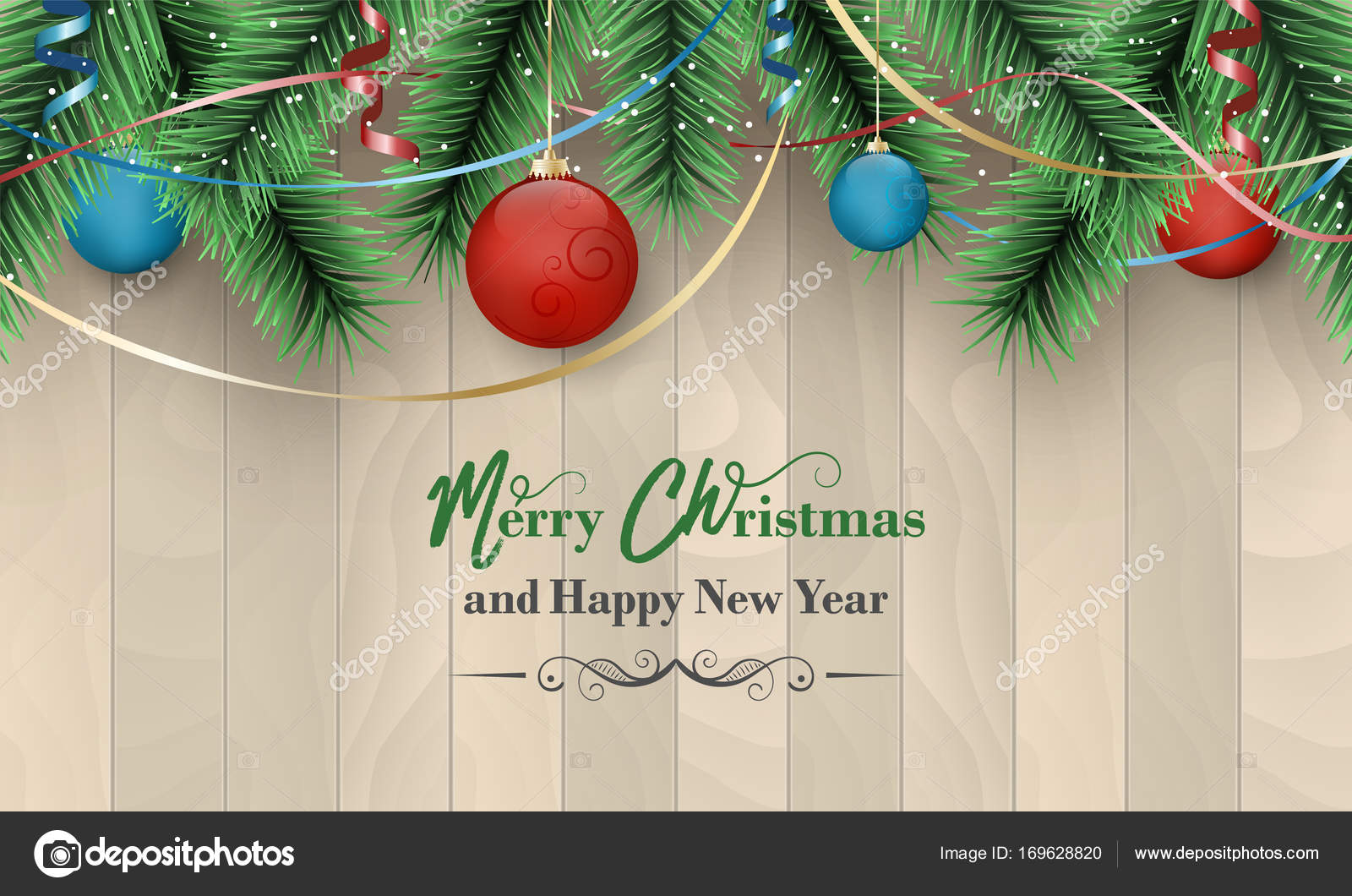 Fondo di buon Natale e felice anno nuovo con il disegno del legno bagattelle rami verdi e nastri colorati Illustrazione di vettore — Vettoriali di ftotti