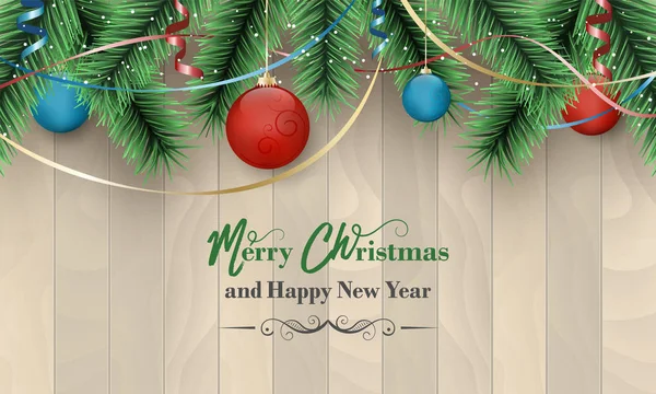 Buon Natale e felice anno nuovo sfondo vettoriale con motivo in legno, bagattelle, rami verdi e nastri colorati . — Vettoriale Stock