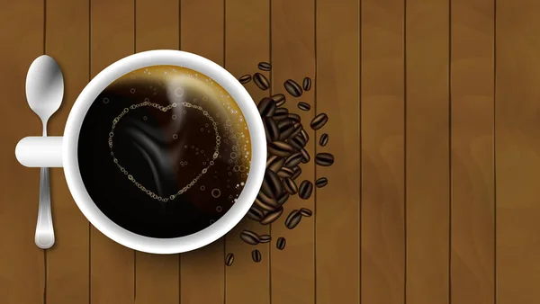 Φλιτζάνι καφέ με κουτάλι, καρδιά, κόκκοι καφέ και ατμού σε ένα ξύλινο υπόβαθρο. Διανυσματική σχεδίαση. — Διανυσματικό Αρχείο