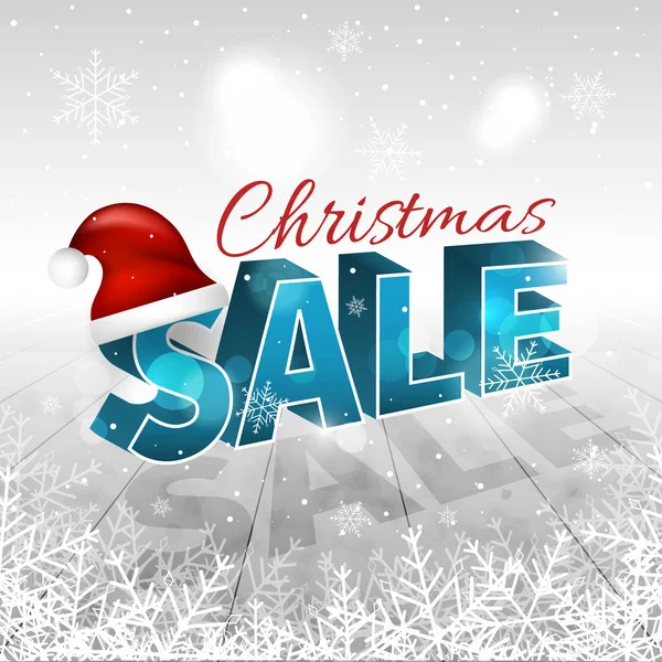 Natal venda inverno fundo com nevasca, flocos de neve, chapéu de Papai Noel e brilho . — Vetor de Stock