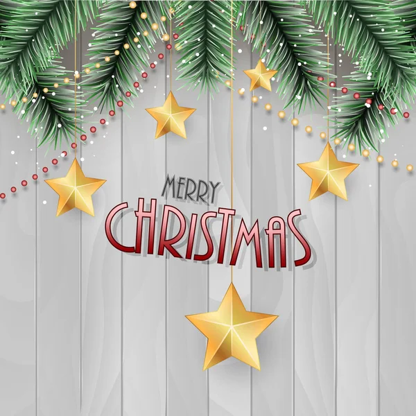 メリー クリスマスのグリーティング カード。緑の枝、チェーン、金色の星、木製の背景. — ストックベクタ