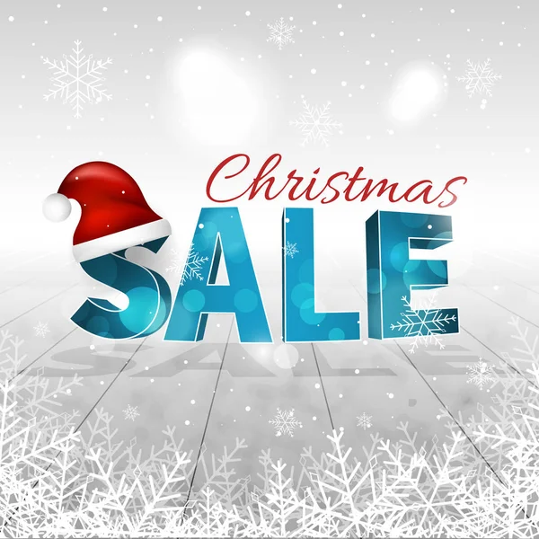 Natal venda inverno fundo com nevasca, flocos de neve, chapéu de Papai Noel e brilho . — Vetor de Stock