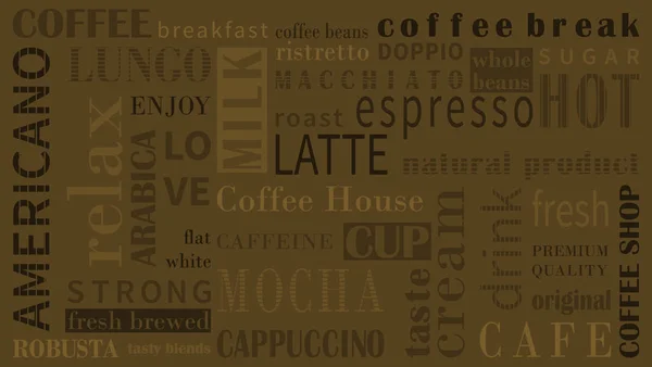 Sorters kaffe vector bakgrund med olika typografi. — Stock vektor