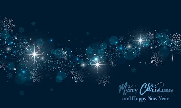 Vrolijke Kerstmis en gelukkig Nieuwjaar banner met sterretjes, glitter en Zwarte sneeuwvlokken. Vector achtergrond. — Stockvector