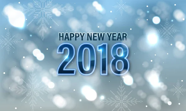 Feliz Año Nuevo 2018 banner vectorial o tarjeta de felicitación con copos de nieve y resplandores borrosos . — Vector de stock