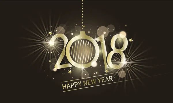 Feliz Año Nuevo 2018 inscripción de oro con bola de Navidad. Diseño vectorial con estrellas y purpurina para su tarjeta de felicitación o pancarta . — Vector de stock