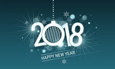 Mutlu yeni yıl 2018 beyaz yazıt Noel top ile. Yıldız, kar taneleri ve glitter tebrik kartı veya afiş için vektör tasarımı.