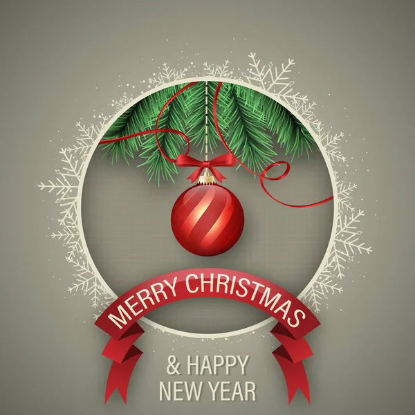 Voeux de Noël et de bonne année avec coffrets cadeaux, ruban rouge, baguette magique, branches vertes et flocon de neige à cadre blanc. Conception vectorielle . — Image vectorielle