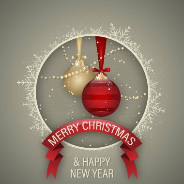 Kırmızı ve altın Noel top, yay, şerit, yıldız, kar ve beyaz çerçeve kar tanesi ile Noel ve mutlu yeni yıl tebrik kartı. Vektör tasarımı.