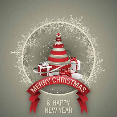 Tatil vektör arka plan. Mutlu Noeller ve mutlu yeni yıl tebrik kartı. Noel ağacı, beyaz ve kırmızı hediye kutuları, kurdeleler ve kar. Kar taneleri ile yuvarlak çerçeve.