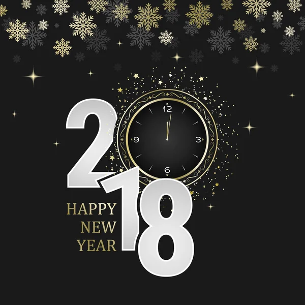 Feliz Año Nuevo 2018 vector tarjeta de felicitación oscura. Números con arcos dorados, copos de nieve y relojes . — Vector de stock