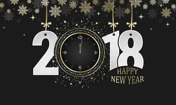 Feliz Año Nuevo 2018 vector tarjeta de felicitación oscura. Números con arcos dorados, copos de nieve y relojes . — Vector de stock