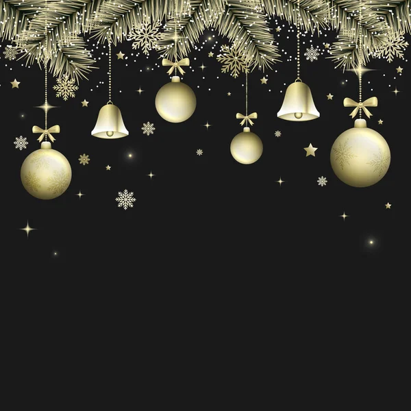 Inverno vetor de Natal fundo escuro com sinos dourados, bolas de Natal e arcos. Lagos de neve, neve, ramos, brilho e estrelas brilhantes . — Vetor de Stock