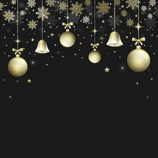 Winter Christmas vector dark background with golden bells, christmas balls and bows. Snowlakes, snow, glitter and glowing stars. — Stock Vector