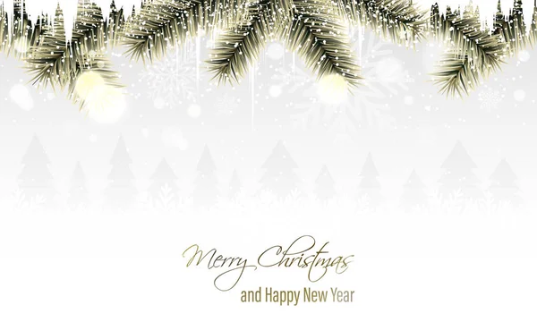 Winter scenery with golden branches, snowflakes, snowfall, icicles and coniferous trees on the horizon. Merry Christmas and Happy New Year greeting card. Vector design. — Stock Vector