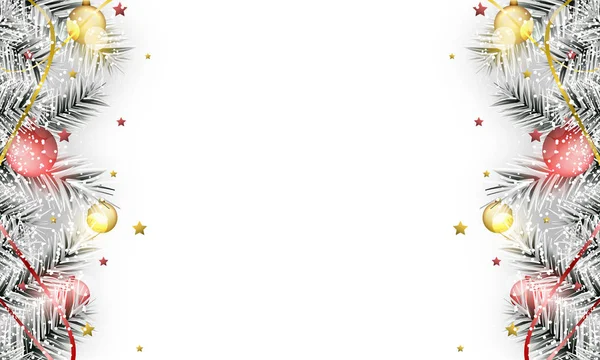 Зимний векторный баннер. Рождественские безделушки на ветвях со звездами, лентами и снегом . — стоковый вектор