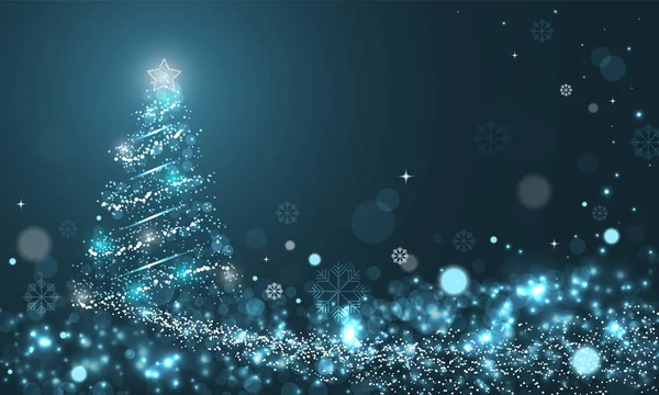 Kar dalga, yıldız ve kar taneleri ile mavi kış vektör arka plan üzerinde kar taneleri ile parlak Noel ağacı. — Stok Vektör