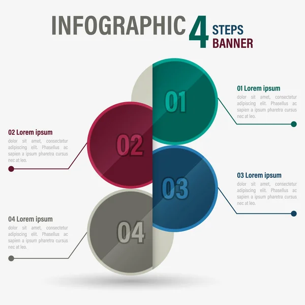 Infográfico banner vetorial de quatro passos com elementos circulares. Parte 13 . — Vetor de Stock