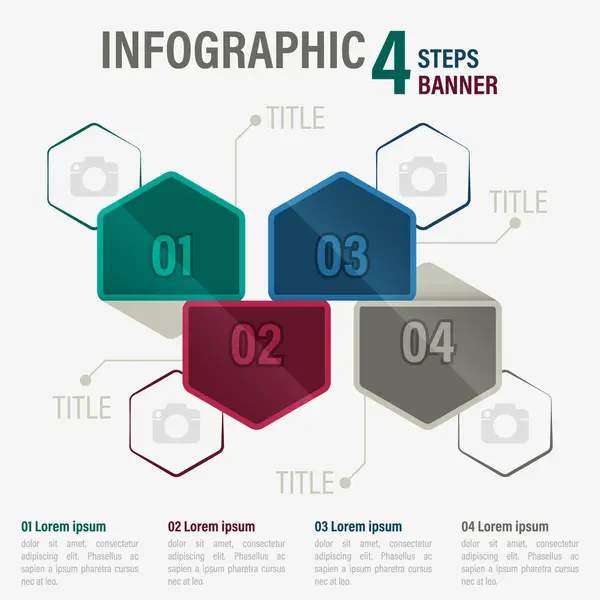 Infografía de cuatro pasos banner vectorial con elementos hexagonales. Parte 21 . — Archivo Imágenes Vectoriales