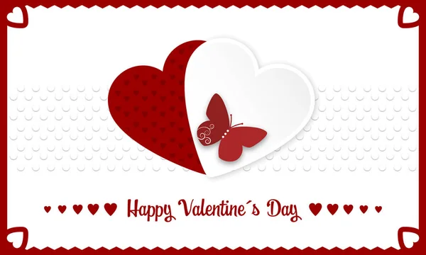Fröhliche Valentinstag Vektor Banner mit roten und weißen Herzen und Schmetterling. — Stockvektor