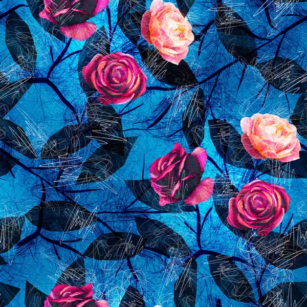 Bright Blue and Pink Scribble Flower Pattern