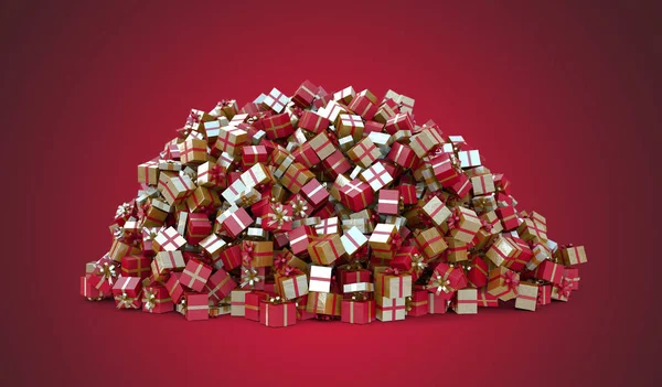 Gros Tas Cadeaux Noel Sur Fond Rouge — Stock Photo, Image