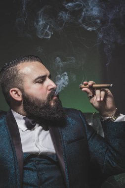 Sakallı, yeşil takım elbiseli, puro içen ve profilden sigara içen bir adam..