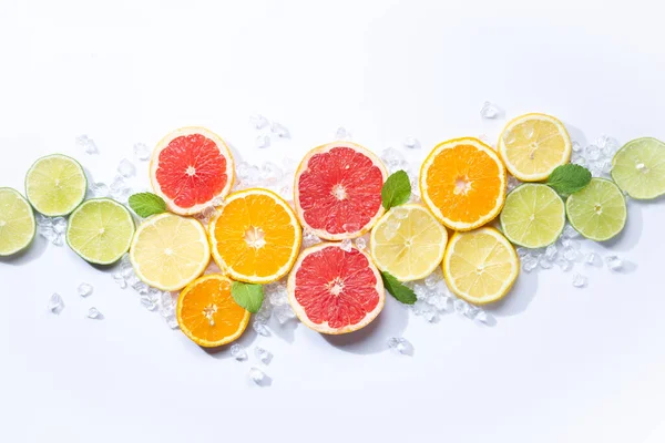 Colorful Fruits Backround Citrus Slices Orange Lemon Lime Grapefruit Ice — Stock Photo, Image
