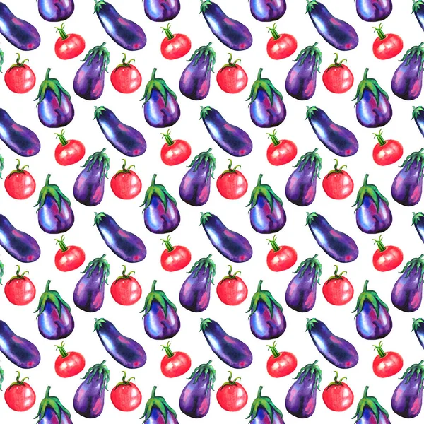 Watercolor bright tomatoes and eggplants pattern, hand drawn ripe vegetables, seamless pattern on white background