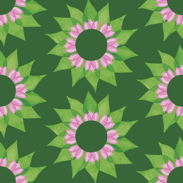 Nahtloses Muster aus grünen Blättern und rosa Blüten auf dunkelgrünem Hintergrund. Aquarellillustration. — Stockfoto